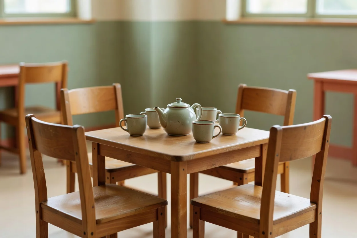 A circle of empty wooden chairs around a table set with a teapot and cups in a bright community room