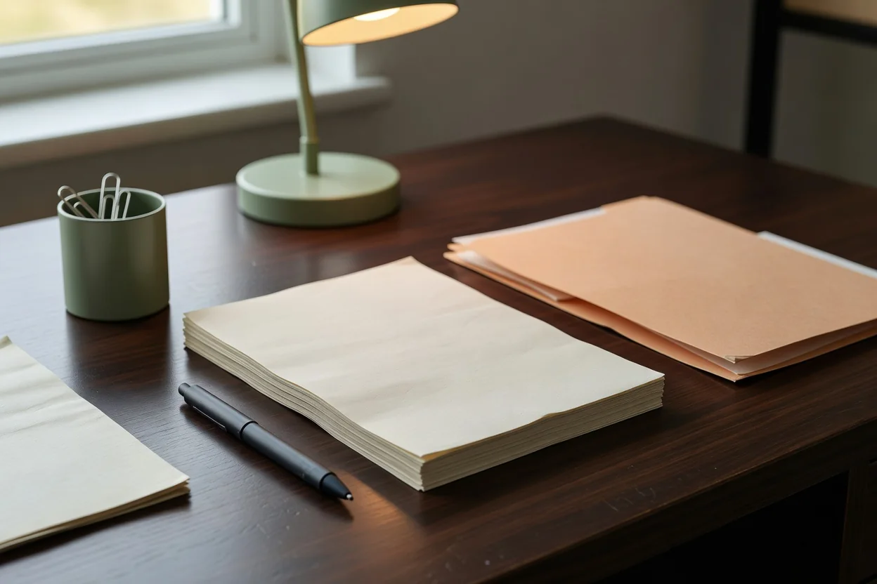 An open notebook with a pen and a small USB flash drive beside a closed notebook on a wooden desk