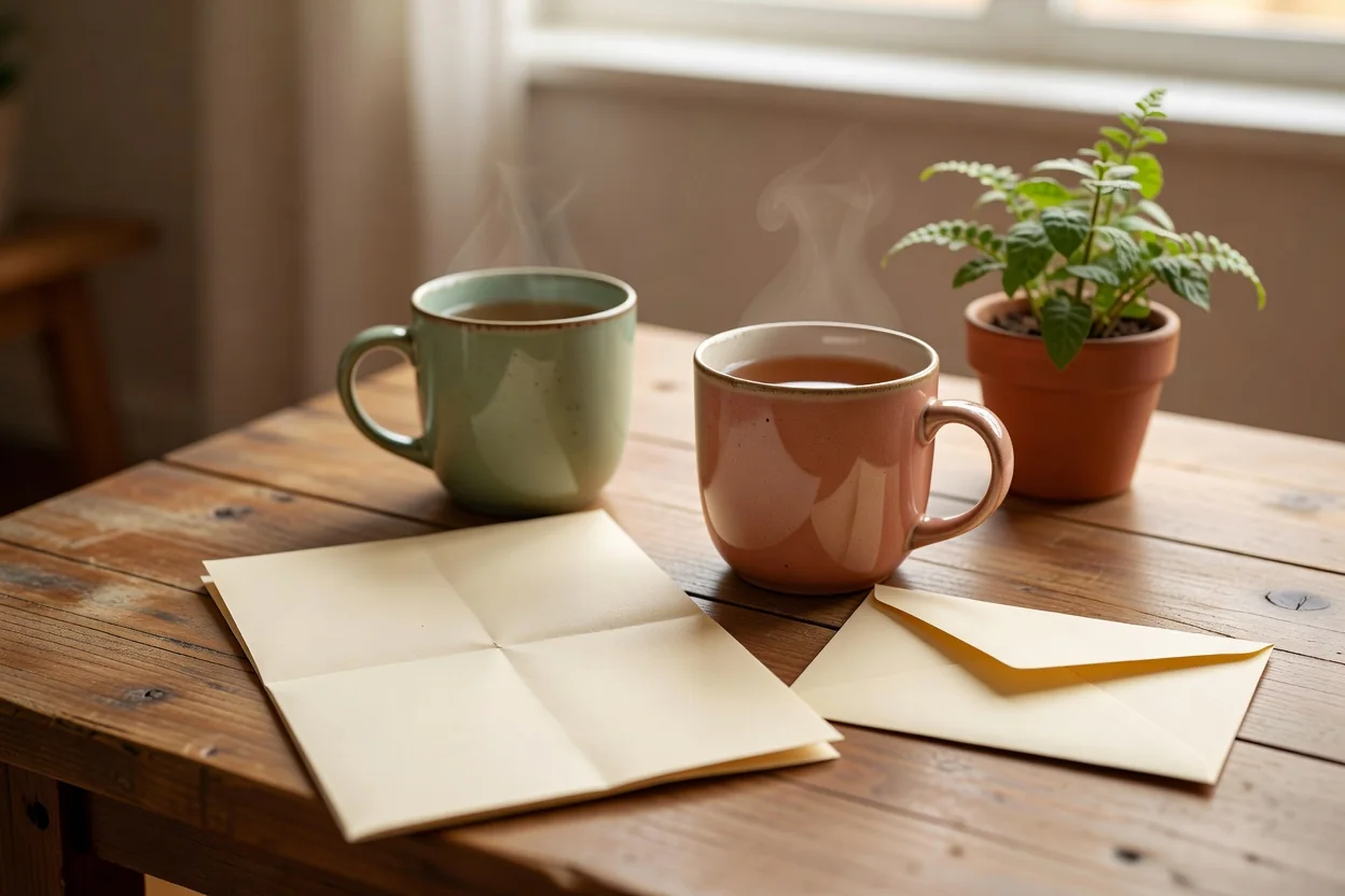 Two ceramic mugs beside an open notebook and papers on a wooden table in warm light