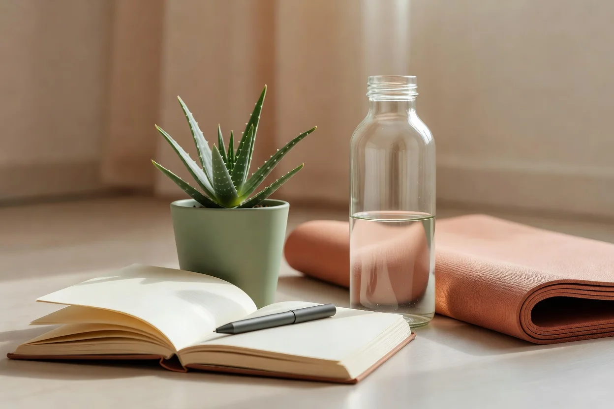 An open book with a pen, a small potted plant and a glass water bottle on a desk in morning light