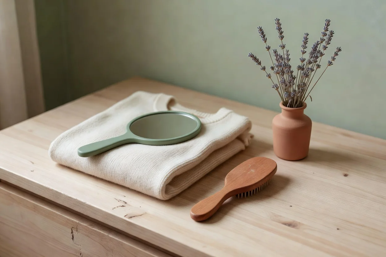 A hand mirror and a wooden hairbrush on a folded cloth beside a small vase of dried lavender