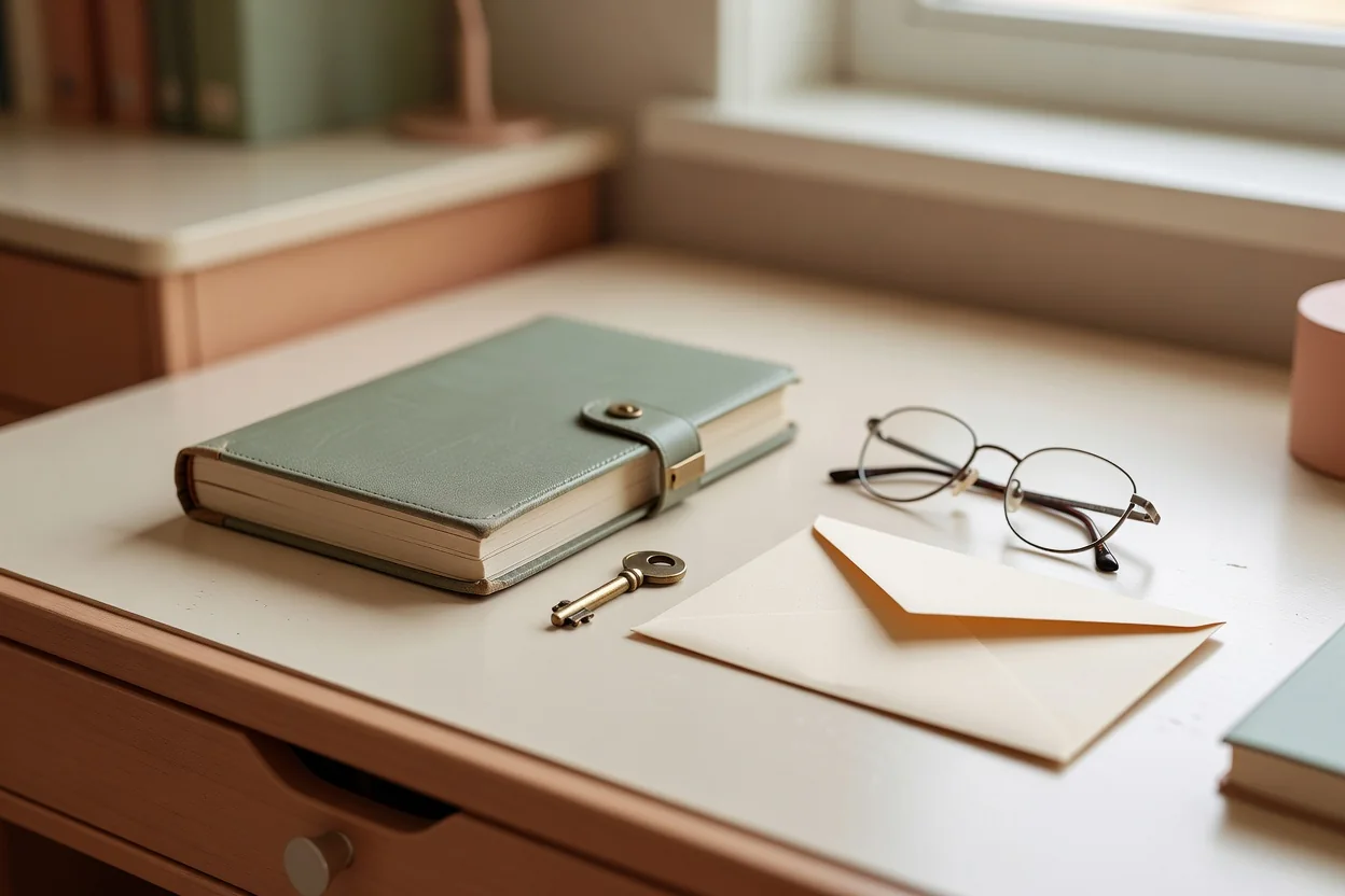 A wooden desk holds a closed manila folder tied with twine, a brass key, a cream-colored notebook, and a small terracotta dish containing paper clips, all bathed in soft natural light with sage green shadows and warm cream tones.