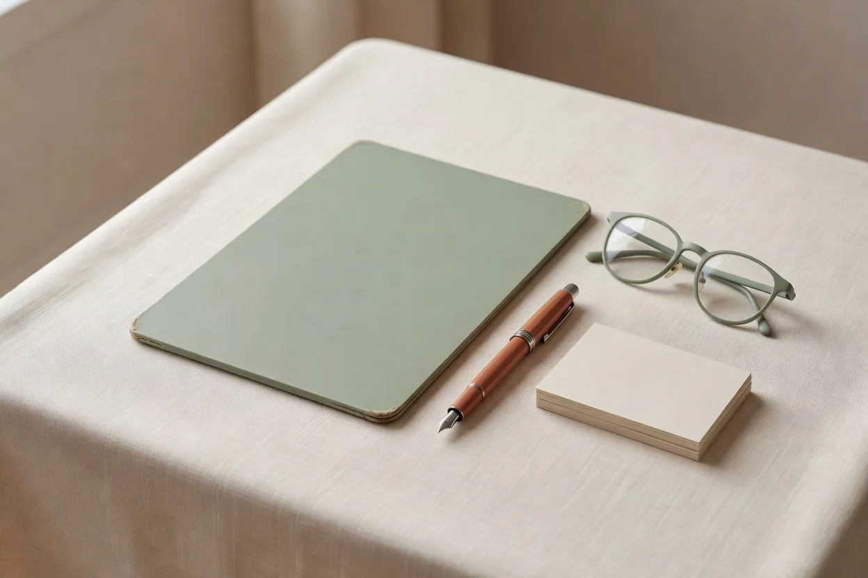 A tablet with a pen and blank sticky notes on a wooden desk in soft light