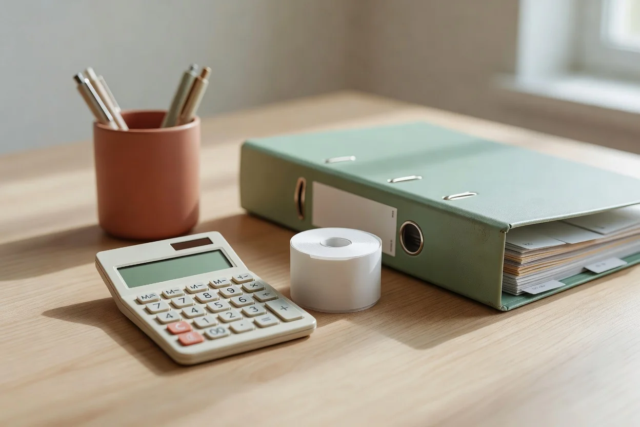 A calculator, a roll of tape, a pen holder and a green folder on a wooden table