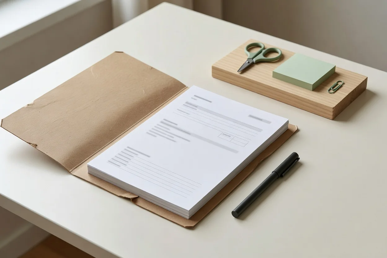 Organized documents and insurance forms spread on a wooden table with a notebook and pen