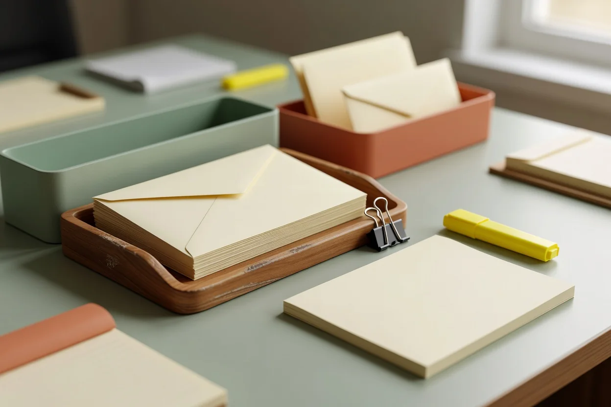 A tray with organized papers and a yellow highlighter beside a wooden box of documents on a desk