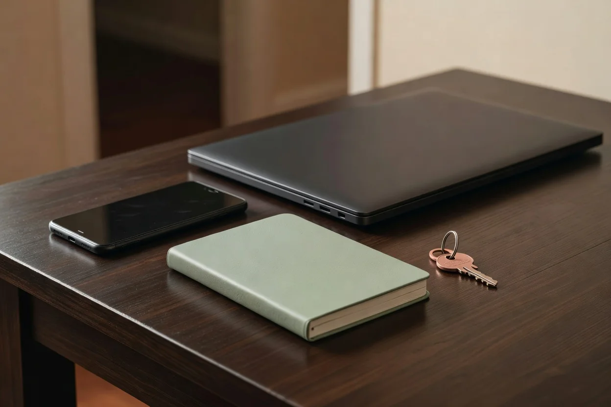 A closed laptop, a smartphone, a notebook and a key on a wooden desk in soft light