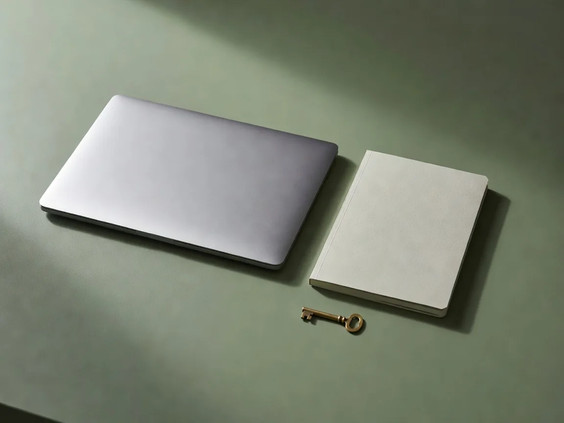 A closed laptop, a notebook and a small key on a desk in soft light