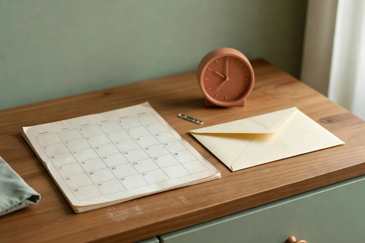 An open calendar, a small clock, papers and a pen on a wooden desk in daylight