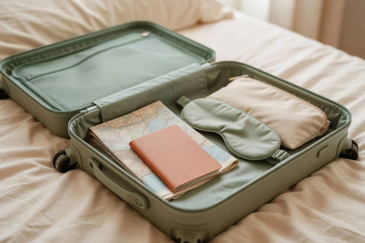 An open suitcase with a sleep mask and folded papers on a bed in soft daylight