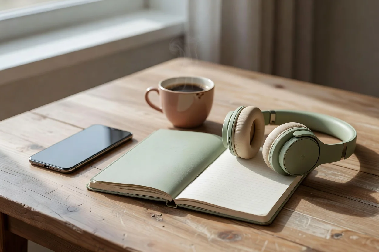 An open notebook, headphones, a smartphone and a mug of coffee on a wooden desk