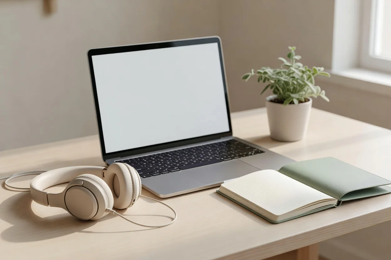 Person sitting at home desk during a telehealth video appointment for gender-affirming care
