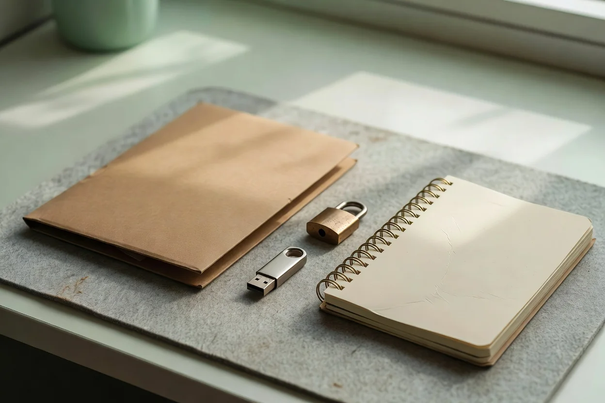 A brown folder, a spiral notebook and a USB flash drive on a glass-topped desk
