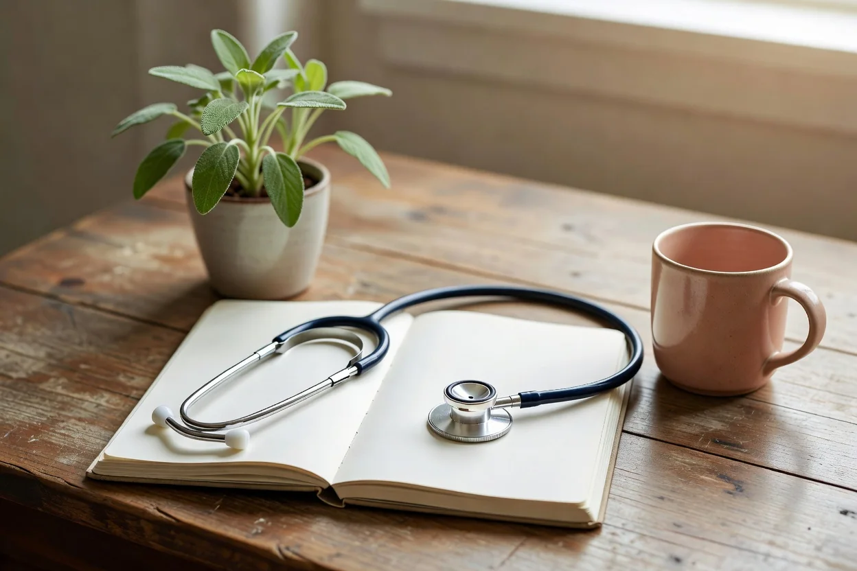An open notebook with a stethoscope, a ceramic mug and a small potted plant on a wooden desk